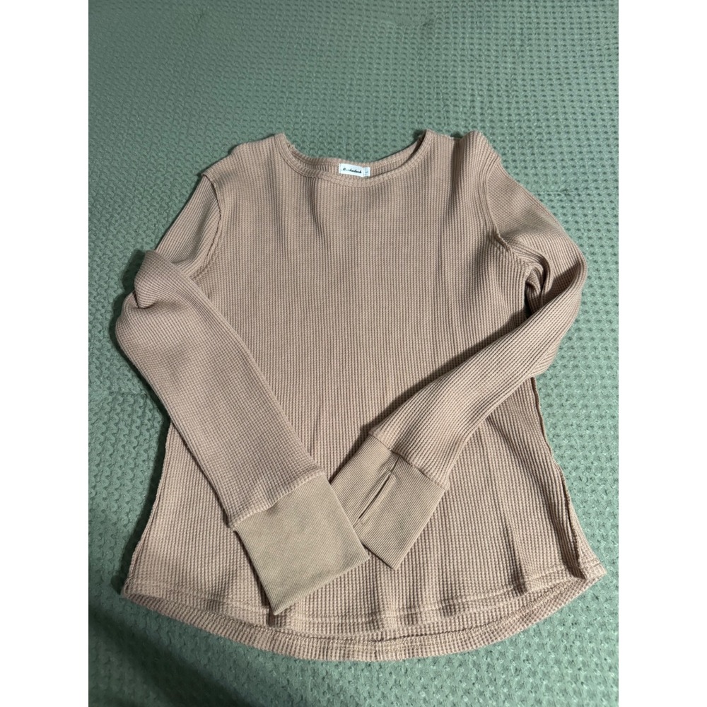 Morhuduck Womens Waffle Knit Long Sleeve Top Tan Beige Thermal Thumbhole Size L